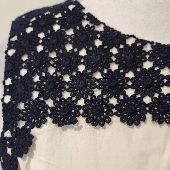 White 100% Cotton Dress with Blue Floral Crochet at Neckline and Hemline - Picture 5 of 13